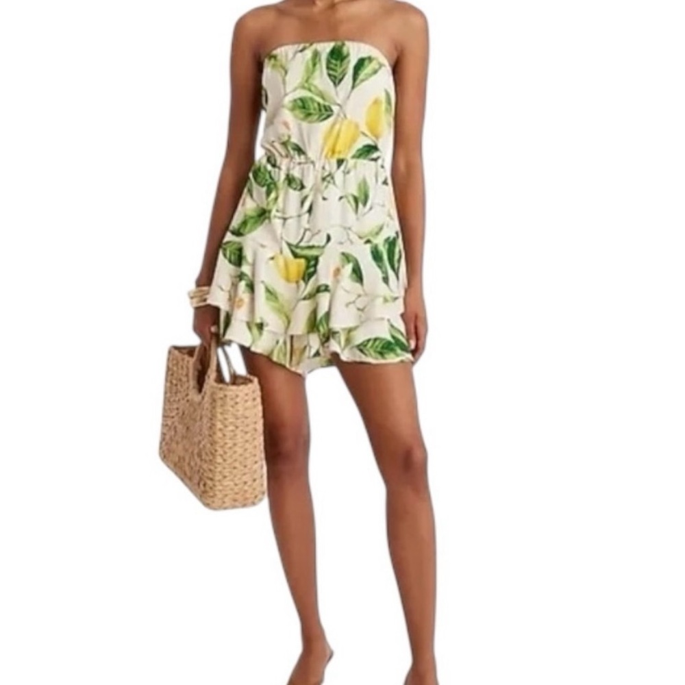 Express Floral Strapless Dress - Green and Yellow